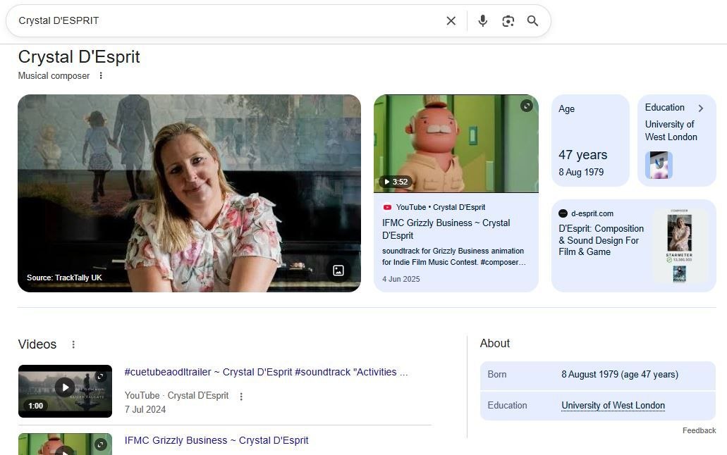 Google search results showing a Knowledge Panel for the musical composer Crystal D'Esprit