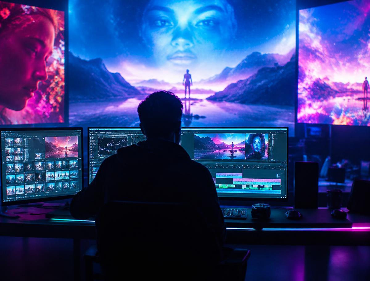 Editor creating an AI-assisted music video with glowing digital scenes