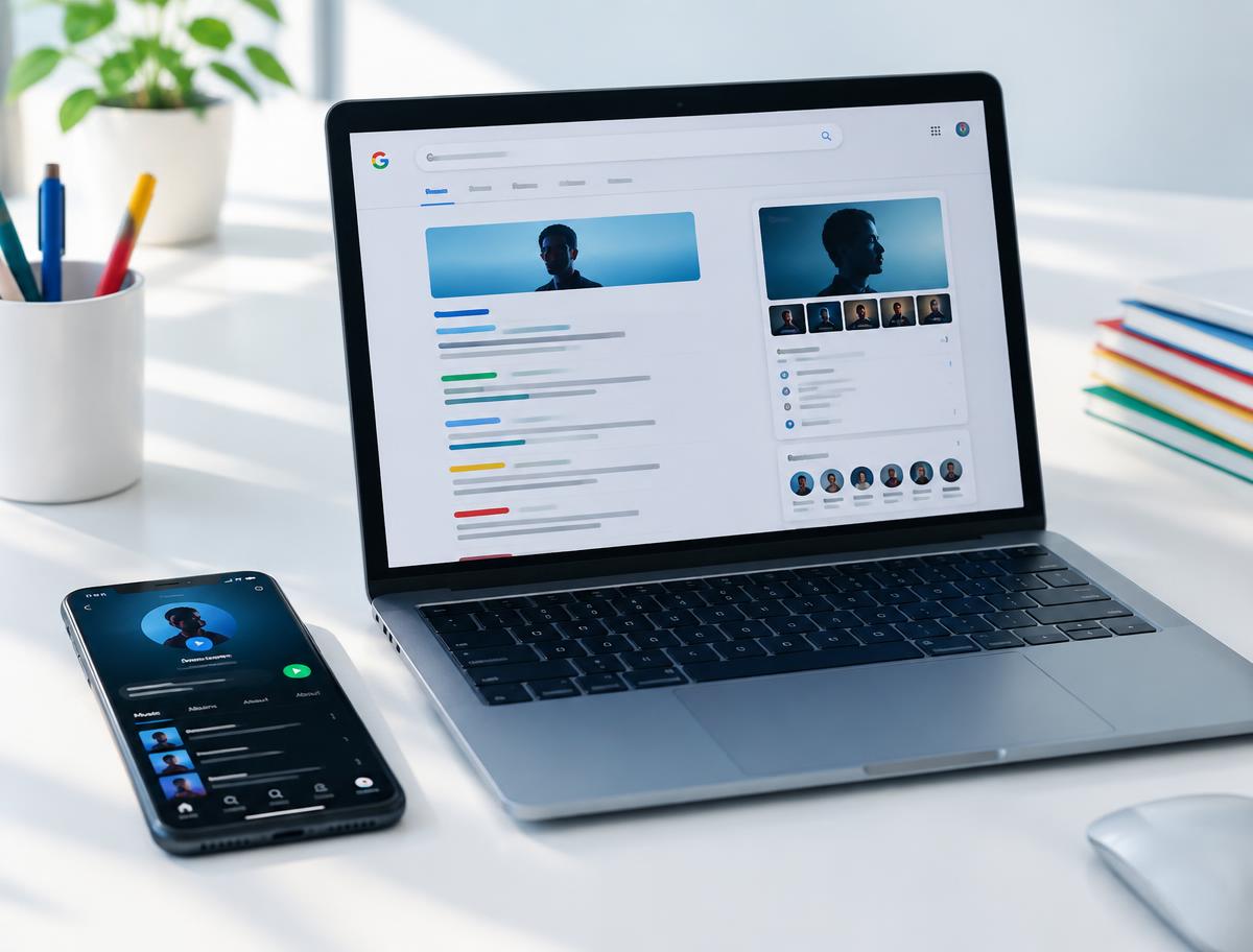 Laptop showing an artist profile in search results beside a phone music profile