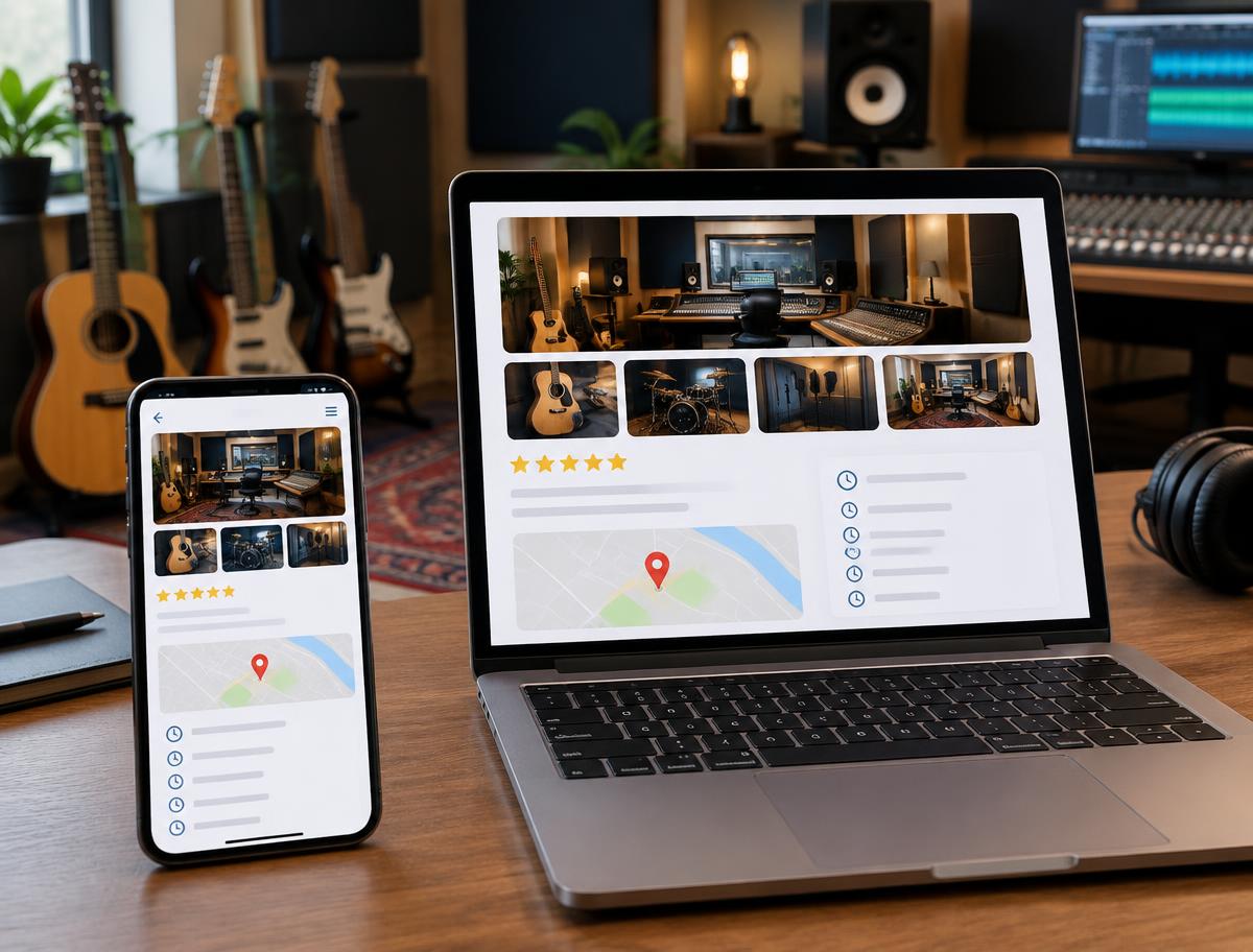 Music studio business listing shown on a laptop and phone