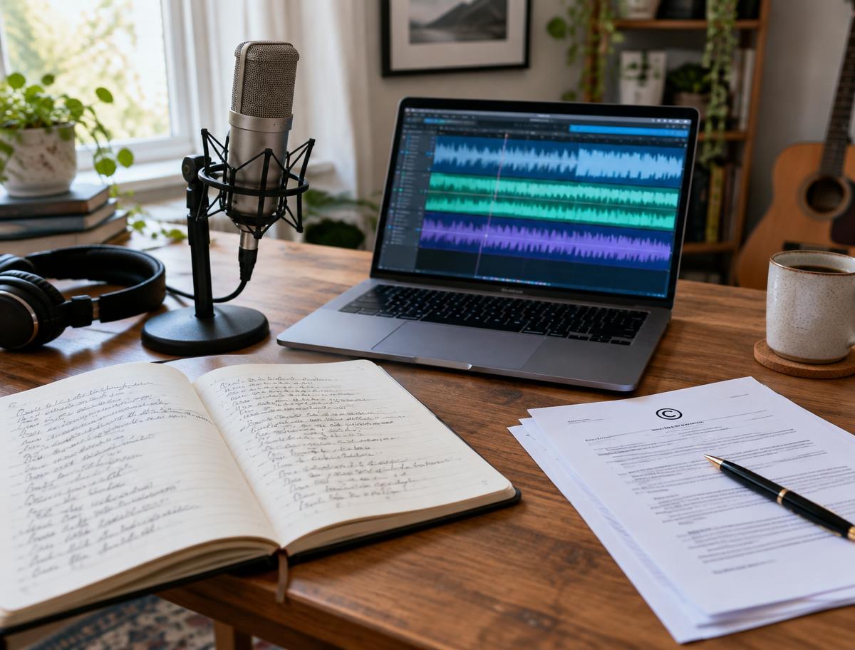 Songwriter's notebook, microphone, audio files and copyright paperwork