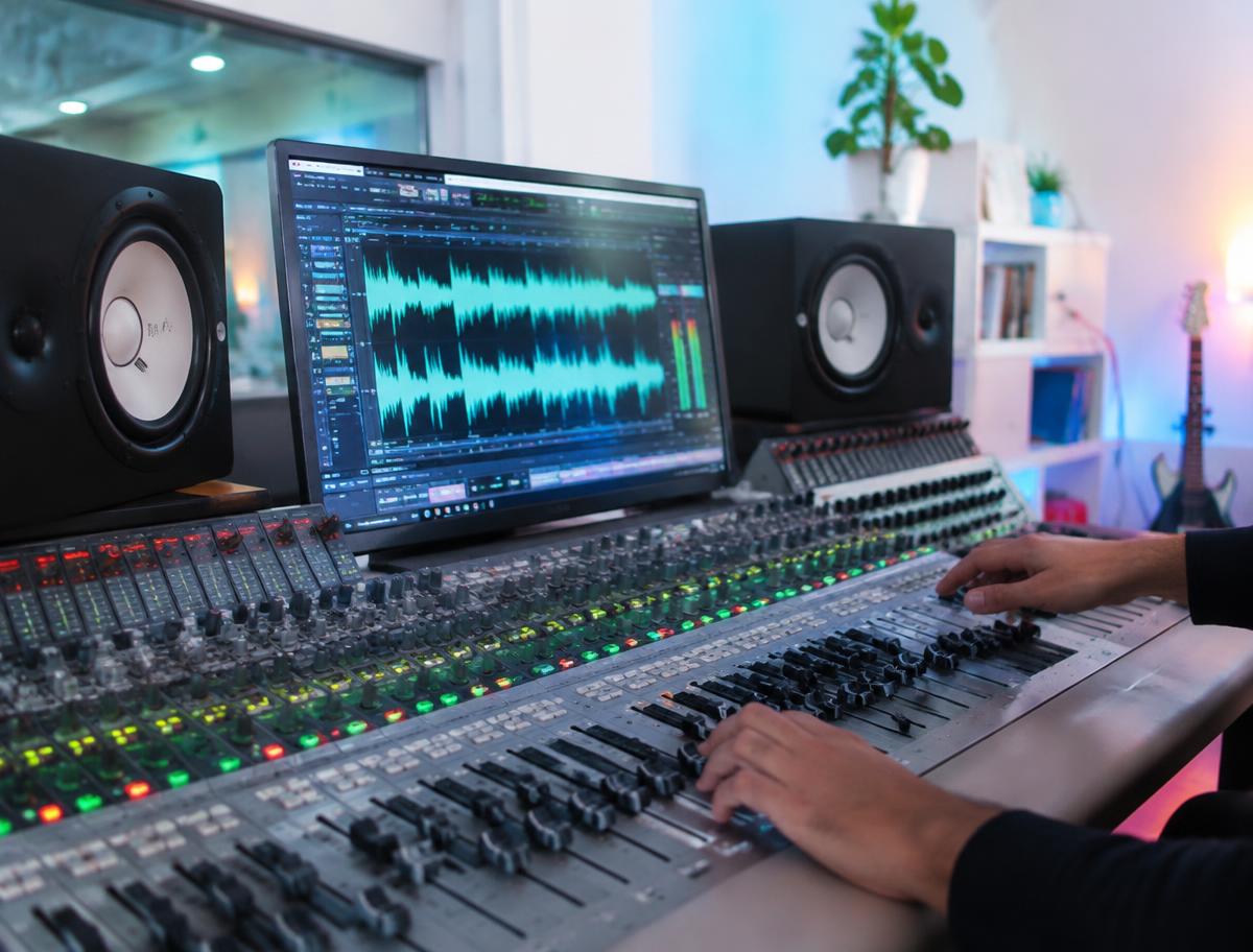 Engineer mastering a track on a studio mixing console