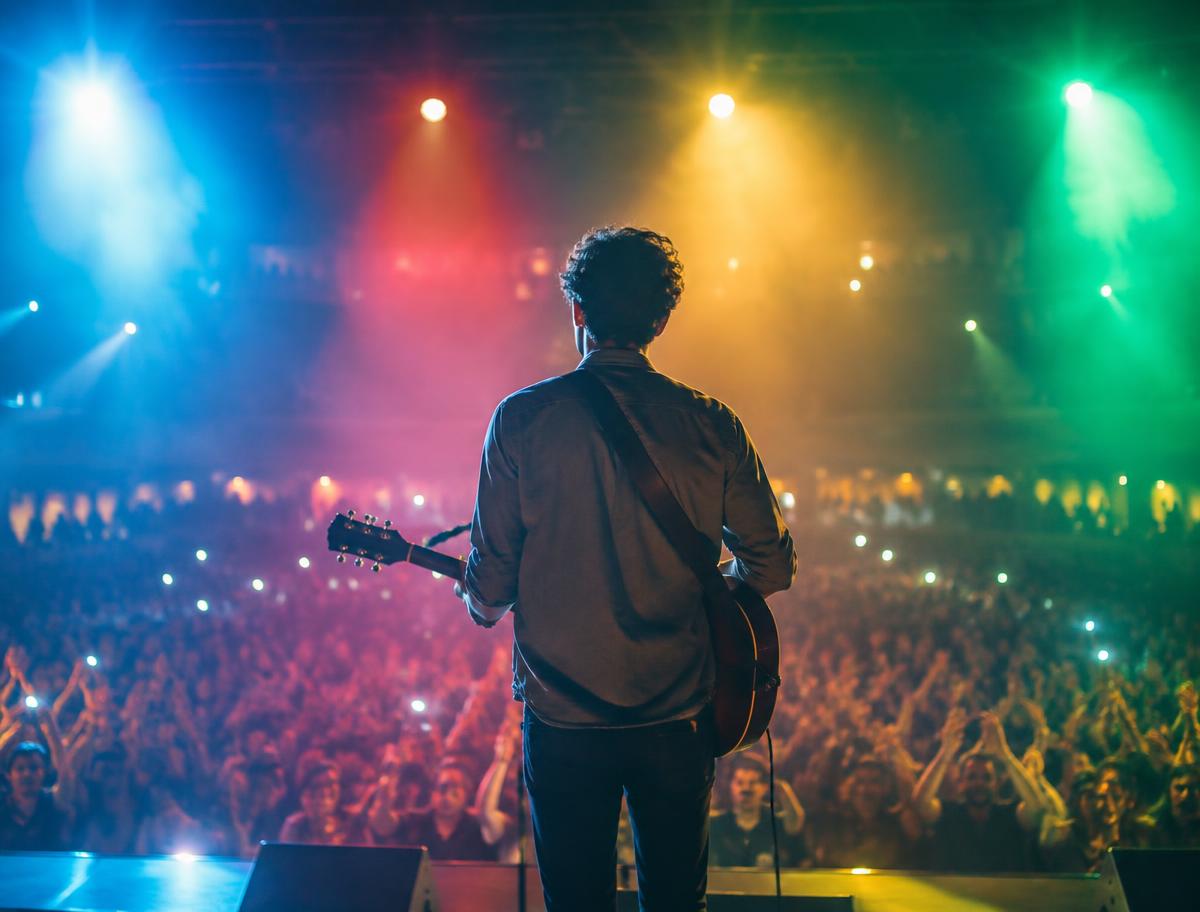 Artist on stage facing a large cheering crowd under colourful lights