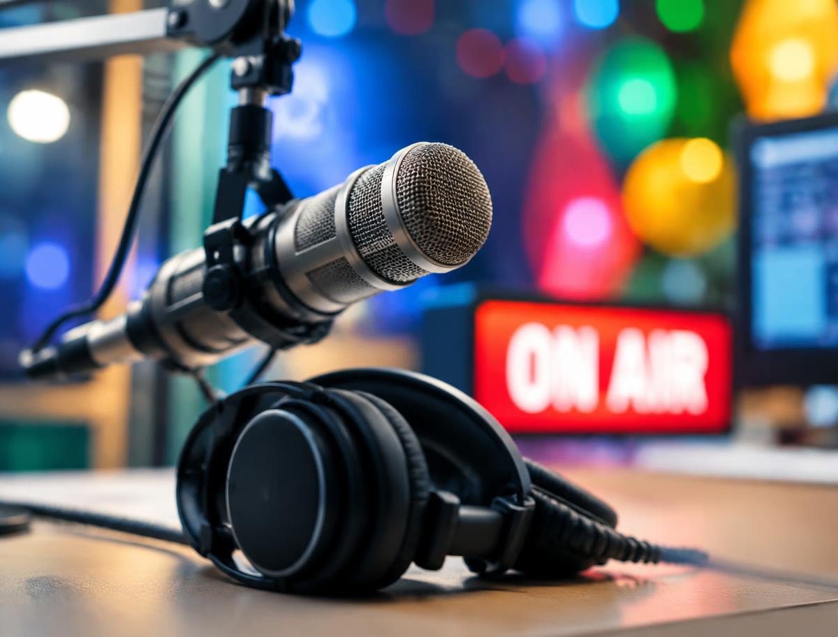 Radio studio microphone and headphones with an On Air sign