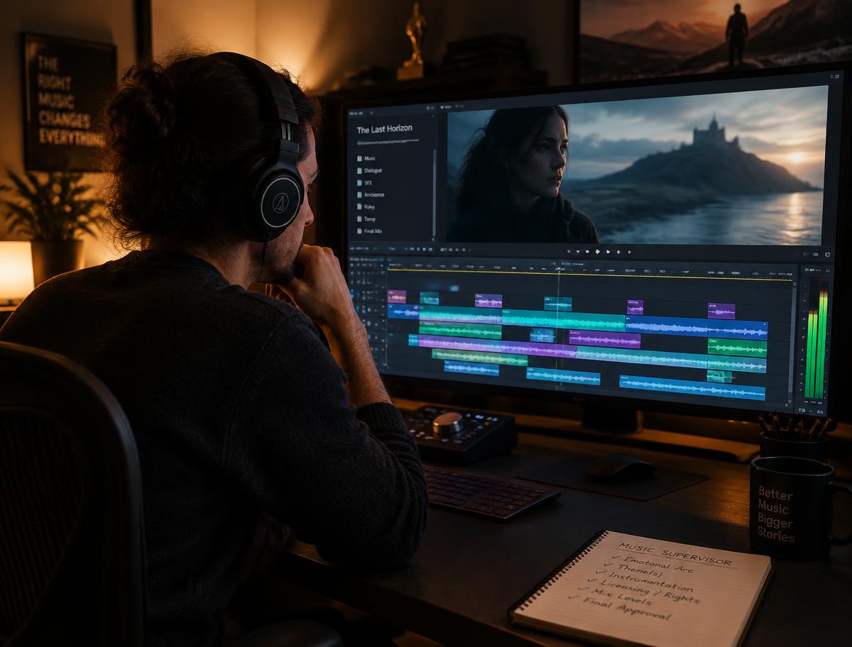 Music supervisor reviewing music against a film editing timeline