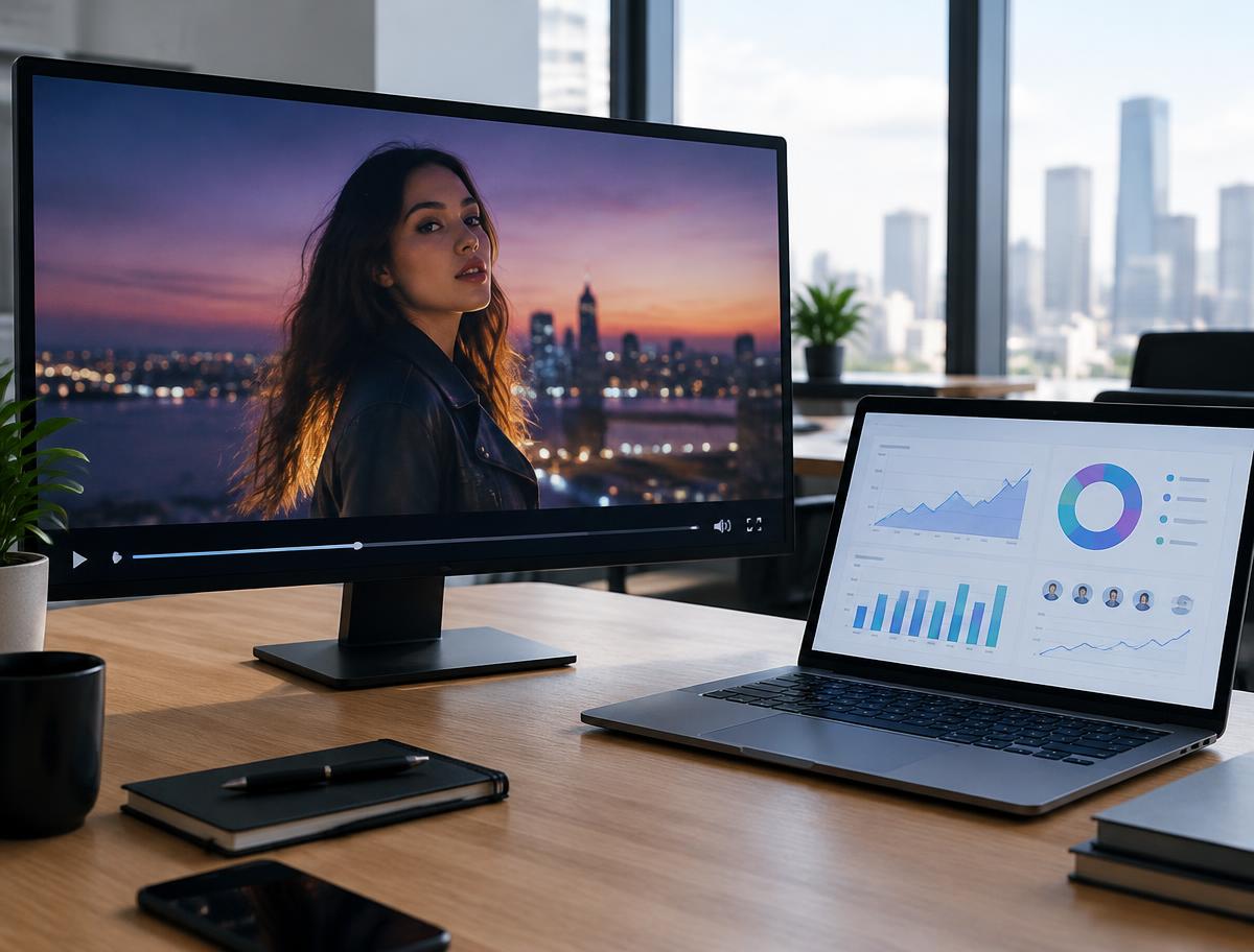 Music video playing beside a laptop with campaign analytics
